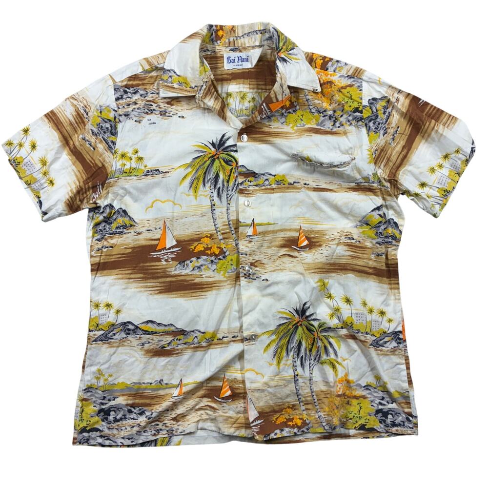 Vintage Rai Nani Shirt Mens Large Sailboat Palm Print Hawaiian Camp Collar Beach